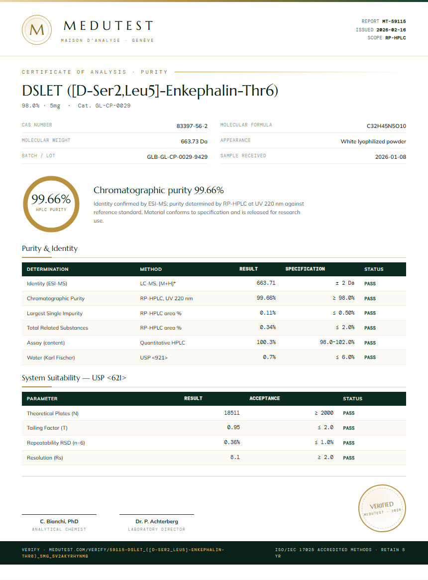 DSLET ([D-Ser2,Leu5]-Enkephalin-Thr6) Purity (HPLC) report by Medutest